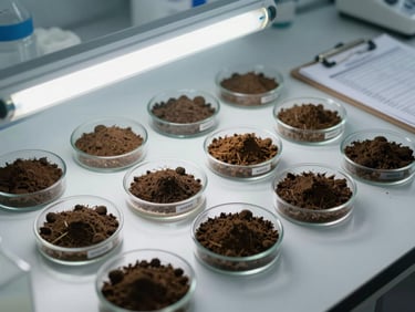 Overhead view of laboratory soil samples in labeled glass petri dishes on a white workbench, bright overhead fluorescent light, soil color variations visible across samples, clipboard with test data partially visible