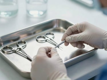 Close-up of gloved hands carefully arranging sterile surgical instruments on a clean stainless steel tray in a bright, clinical environment.