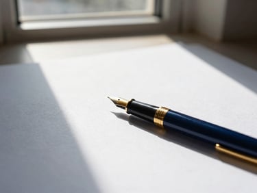 Close-up of a structured workspace with a fountain pen and heavy paper, natural window light, sharp shadows, 35mm