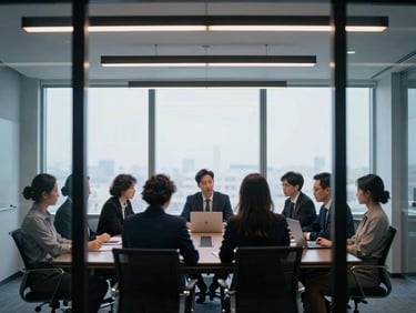 Quiet team collaboration in a glass-walled boardroom, cool crisp morning light, architectural framing, 35mm
