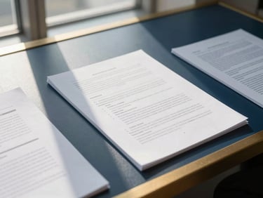 Architectural shot of structured legal documents on a modern desk, crisp morning light, deep navy and gold accents, 35mm