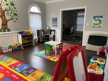 Photo of daycare room where children play. Various toys to play with.
