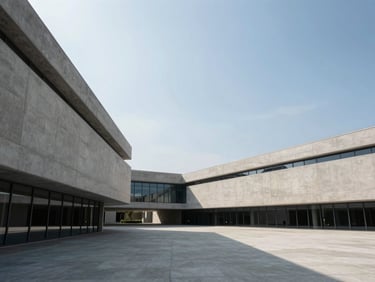 Wide environmental shot of modern civic architecture in bright daylight, clean concrete lines, expansive sky, low horizon.