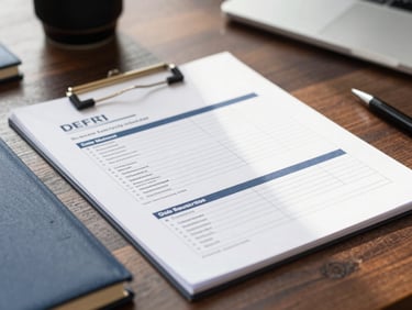 Medium close-up of structured debt documentation on a dark wood desk, warm daylight, premium corporate setting, 50mm lens