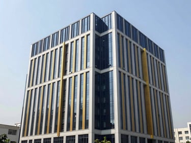 Modern banking district architecture in Delhi, clean lines, bright daylight, professional corporate photography, 50mm lens