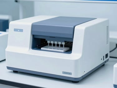 A high-tech laboratory analyzer machine processing samples in a sterile environment, cool blue tones