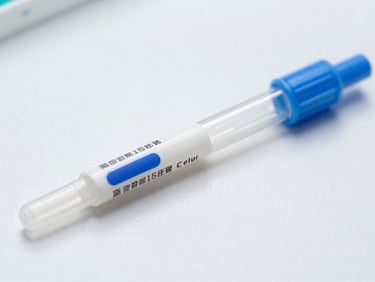 Close-up of a sealed sterile PCR test kit on a clean white surface, bright clinical light