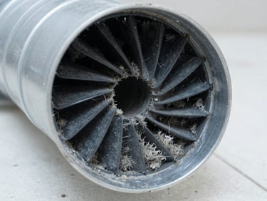 Macro close-up of a dark, dusty residential air duct interior heavily clogged with grey lint and debris