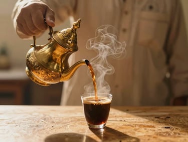 Pouring of hot Arabic coffee from an elegant brass dallah into a small traditional cup, steam visible, warm amber lighting, shallow depth of field, 35mm
