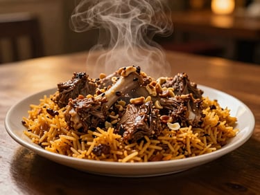 Steaming communal platter of slow-cooked lamb over spiced rice, garnished with toasted nuts, warm ambient lighting, 35mm