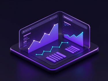 Sleek isometric 3D render of a modern business growth dashboard, glowing purple and neon cyan line charts, glassmorphism UI elements, dark obsidian background, octane render