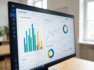 Close-up macro shot of a clean, high-contrast SaaS dashboard on a monitor, displaying grade distributions and attendance charts, bright studio light, sharp focus.