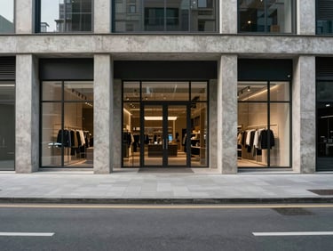 Wide shot of a mixed-use development ground floor facade at overcast midday, exposed concrete columns flanking glazed retail units, empty street-level view, no people