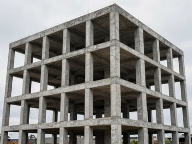 Wide environmental shot of a completed multi-storey commercial concrete frame, overcast daylight showing raw concrete column grid and floor plate edges, no people, no furnishings, structural geometry dominant