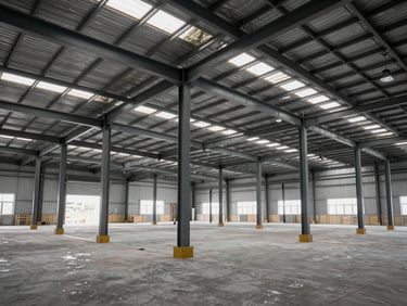 Wide shot of an industrial logistics warehouse interior under construction, exposed steel portal frame and metal deck roofing, studio strobe lighting revealing the structural bay rhythm, empty, no people