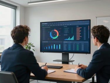 Wide shot of a strategy session in a bright conference room, two people reviewing a large analytics dashboard on a screen, campaign data and channel metrics visible, natural window light from the left, work in progress on the table
