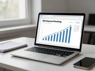 Medium-wide shot of a laptop screen displaying an SEO keyword ranking report with upward-trending graphs, placed on a clean white desk, bright studio window light from the left, notebook with handwritten notes partially visible beside it