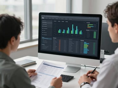 Wide shot of a marketing reporting dashboard displayed on a desktop monitor in a modern office setting, two team members seated nearby discussing printed report sheets, natural window light, clean charcoal and white environment