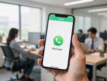 A close-up of a smartphone screen showing a WhatsApp conversation with a verified green checkmark, held by an office worker in a bright, modern New Delhi workplace, 35mm.