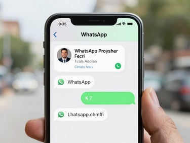 A close-up of a mobile screen displaying a WhatsApp chat with a local employer, bright natural daylight, clean composition, 35mm