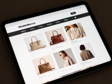 A clean, modern WooCommerce storefront interface on a tablet screen, displaying high-end retail products with fast-loading image grids.