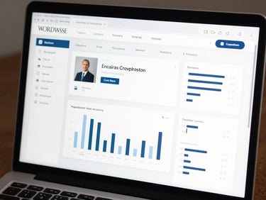 An elegant corporate WordPress dashboard on a laptop screen, showing custom content blocks and clean analytics widgets.