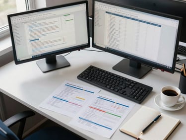 Overhead view of a finance operations desk with open spreadsheets on dual monitors, process documentation printed and annotated, a cup of coffee and a notebook beside the keyboard — natural office daylight from a window to the left