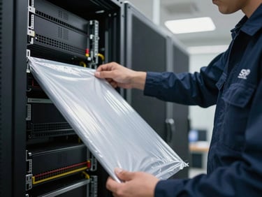 Sharp close-up of a professional technician in a dark blue uniform double-wrapping a server rack with anti-static protective film, bright clean warehouse lighting, highly detailed.