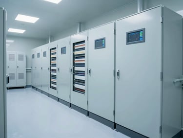 Clean, sterile hospital plant room with complex HVAC and electrical panels, pristine condition, cool white interior lighting, focus on precision engineering.
