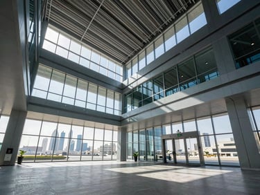 Modern commercial building lobby, wide architectural shot, subtle visible ceiling MEP elements, natural daylight streaming in, Jeddah skyline visible through large windows.