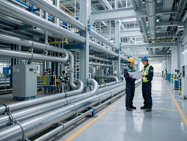 Modern factory floor with visible, precisely routed MEP conduits and pipelines, cool industrial lighting, engineers in branded PPE inspecting blueprints on-site in the background.