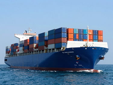 A modern container ship stacked with blue and orange cargo containers navigating open ocean under bright, clear daylight.