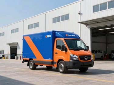 A branded delivery vehicle parked outside a modern high-bay logistics warehouse under bright morning sun.