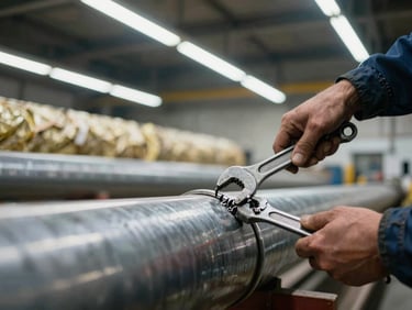 A skilled worker uses a professional wrench to tighten a metal pipe coupling in an industrial factory setting.