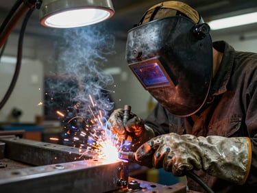 Documentary close-up, welder's masked face and gloved hands at work, MIG arc burning bright orange on a steel joint aboard a vessel interior, overhead work light, no studio lighting