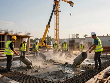 Environmental documentary, crew pouring reinforced concrete into formwork on a large construction site at golden hour, crane arm visible above, hard hats and hi-vis vests, dust in air