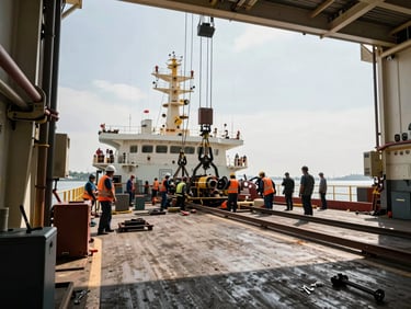 Wide shipyard interior shot, workers on a vessel deck amid steel structures and rigging, natural daylight through open hull, tools and equipment in active use, no posed arrangement