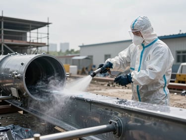 Wide documentary shot, worker in full-body protective suit spraying industrial coating onto a steel hull section outdoors, natural overcast daylight, paint mist visible in air, scaffolding in background