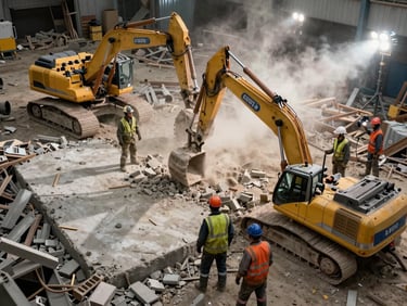 Documentary overhead perspective, demolition crew breaking up a concrete industrial floor with heavy equipment, dust clouds rising, safety gear in use, harsh site lighting from portable work lamps