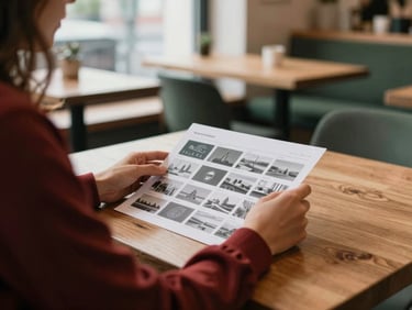 Over the shoulder shot of a content planner arranging a visual grid on a wooden table, cozy Scandinavian cafe background