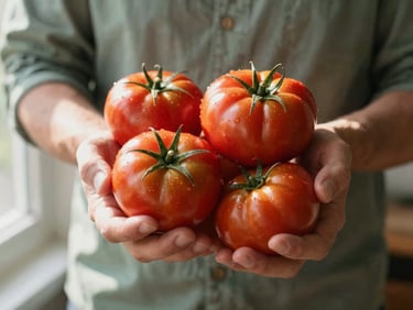 Hands of a local farmer holding fresh organic heirloom tomatoes in warm morning sunlight, shallow depth of field, 35mm