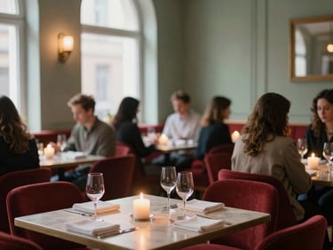 Warm cozy Scandinavian style restaurant dining room filled with guests, soft candlelight, elegant atmosphere