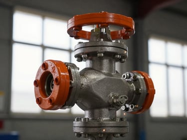 Macro detail shot of a high-pressure deluge valve assembly, safety-orange accents, metallic steel grain, dramatic warehouse window light.