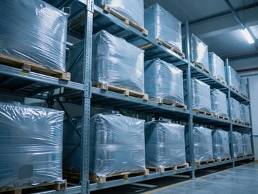 Industrial cold storage facility, high-contrast cool blue lighting, structured steel racks with clean cargo packaging.
