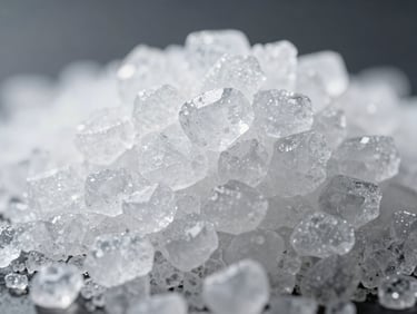 Extreme close-up macro photograph of pure white ICUMSA 45 sugar crystals under sharp, cold industrial lighting, emphasizing purity and high-quality grade.