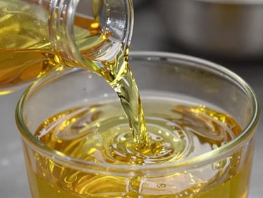 Golden vegetable oil being poured into a clean industrial container, macro shot, sharp reflections, high-contrast lighting.