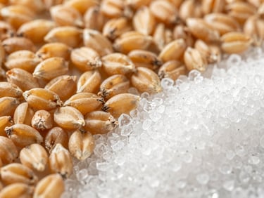 Macro texture of raw golden wheat kernels and pure white sugar crystals, sharp focus, technical studio lighting.