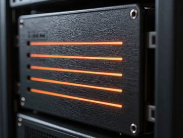 Macro close-up of dark brushed metal server casing with sharp orange LED indicator paths, technical aesthetic, high-contrast lighting.