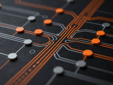 Abstract high-contrast vector schematic of data flows in orange and silver gray on a deep black background, technical visualization.