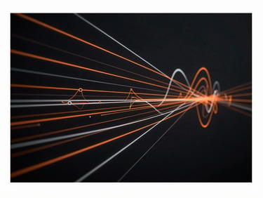 Abstract vector data visualization with orange and silver paths on a deep black background, technical schematic style